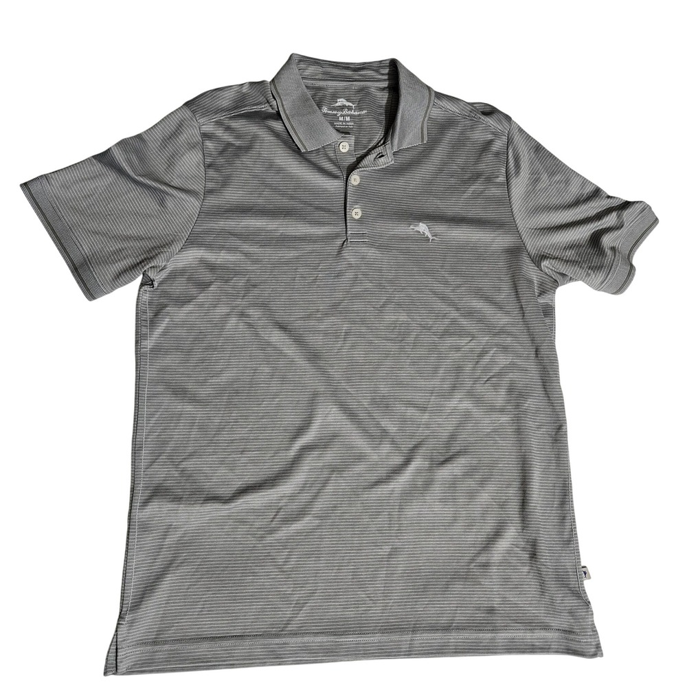 Tommy Bahama Mens Medium Grey Striped Performance Polo Shirt Marlin Logo Golf